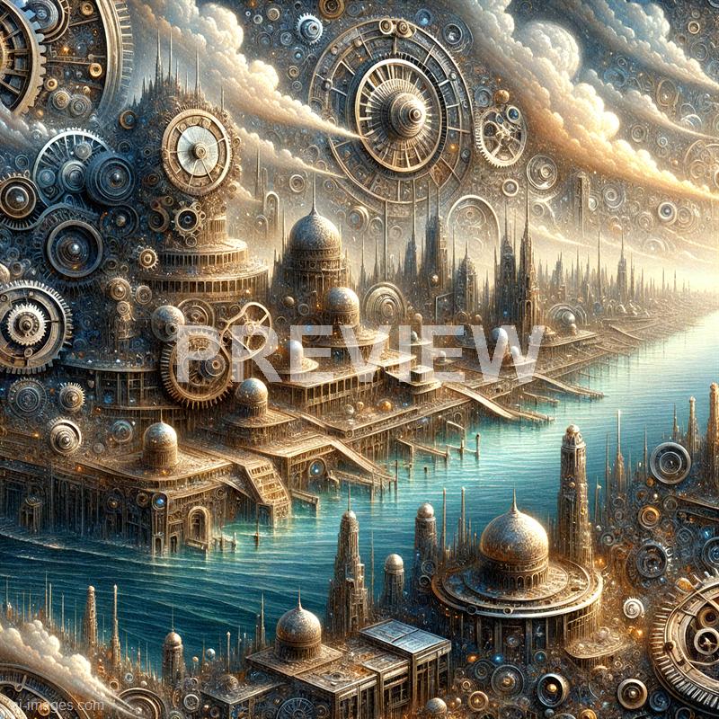The image depicts an elaborate, steampunk-inspired cityscape with a multitude of intricate gears, cogs, and mechanical structures. The city is built along a body of water, featuring domed buildings, towering spires, and numerous interconnected platforms, all enveloped in a golden, glowing atmosphere with clouds and sky in the background. The scene combines elements of futuristic architecture with vintage machinery, creating a fantastical metropolis filled with detailed mechanical components and a sense of grandeur.